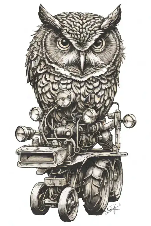 Owl Pearched On An Old Tractor