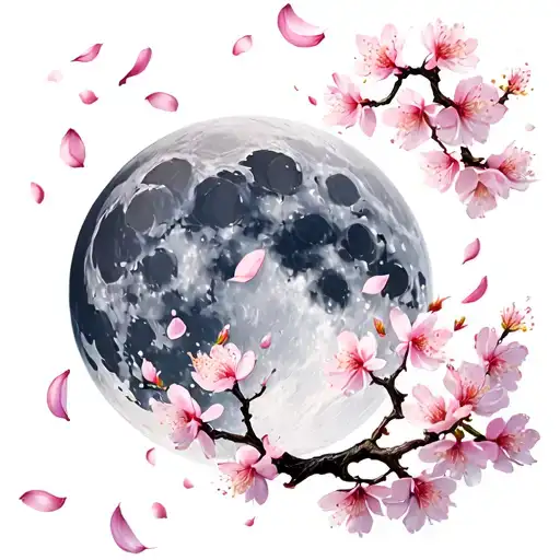 Full Moon And Cherry Blossom Petals Falling