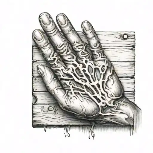Hand Palm Nailed To Wooden Board
