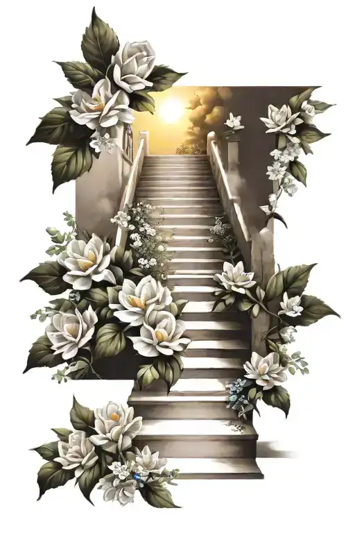 Stair Case Leading To Heaven With Flowers And Sunshine