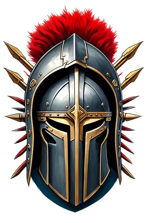 Quarter-turned Spartan Helmet With Spears Emerging Behind It And The Iconic Red Plume