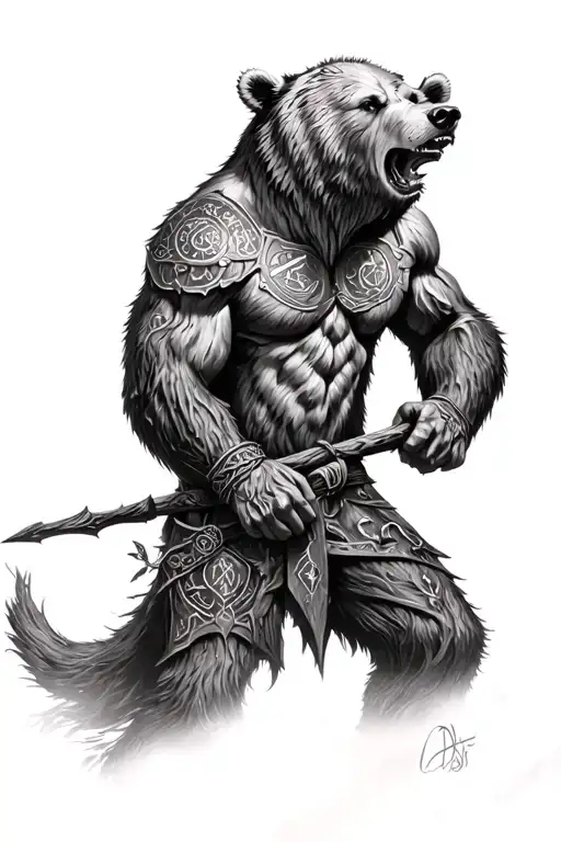 Slavic Style Realism Warrior Oak Rune Bear Furious In The Forest