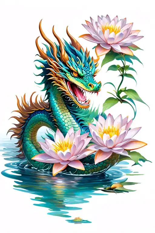 Asian Dragon With Water Lilly Flowers