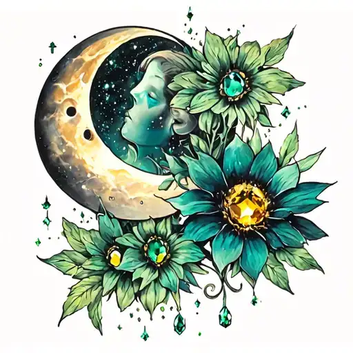 Dark Witchy Tattoo With Emerald And Citrine Colored Cosmos And A Waning Crescent Moon