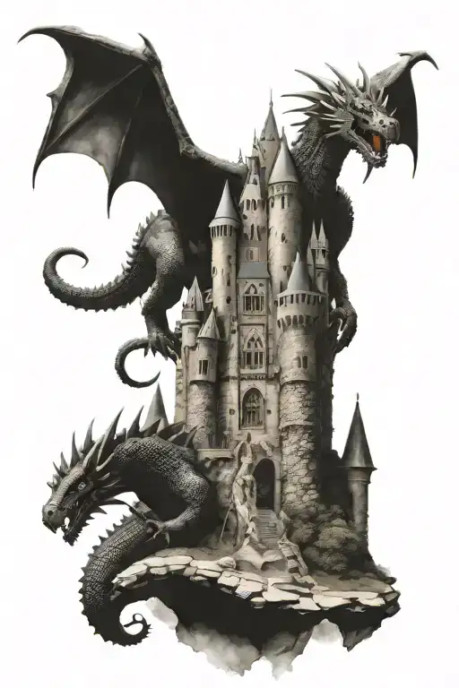 Castle With A Dragon Flying Over It