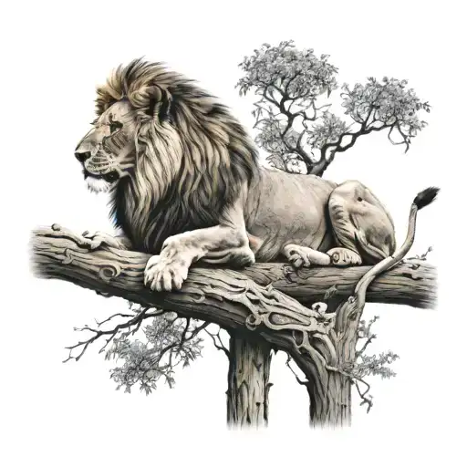 Lion On Tree And Boy On Branch