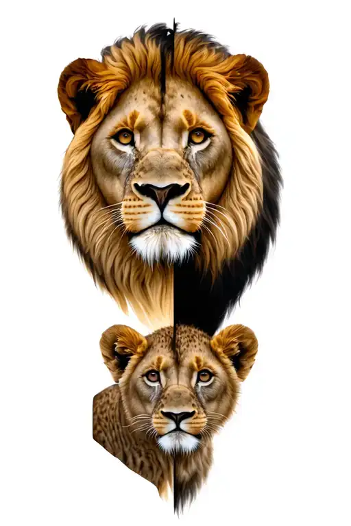 Half Of The Lion Head Separate By A Boiled With 2 Lion Cubs Of The Other Side
