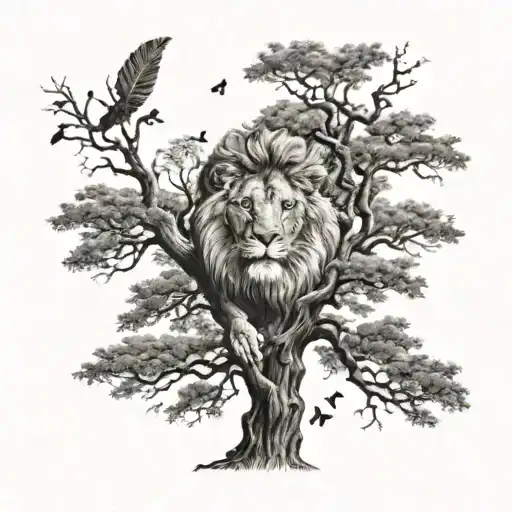 A Lion Into A Big Tree With Treecrown With A Music Note Incorporated Into The Design
