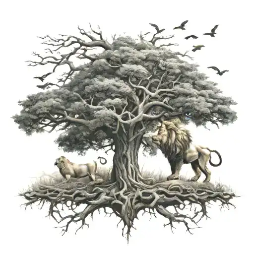 One Big Tree With A Big Treecrown And A Lion In The Crown