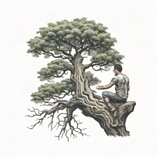 Big Tree With A Boy Sitting On The Branch Representing