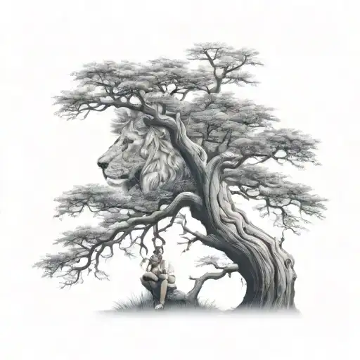 Big Tree With A Boy Sitting On The Branch And Half Face Of A Lion In The Tree Crown