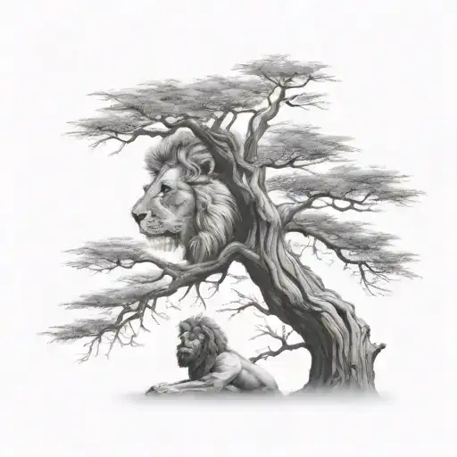 Big Tree With A Boy Sitting On The Branch And Half Face Of A Lion In The Tree Crown