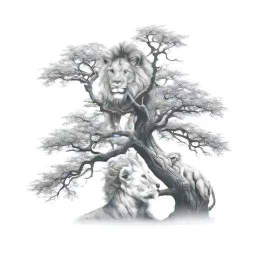 Big Tree With A Boy Sitting On The Branch And Half Face Of A Baby Lion In The Tree Crown