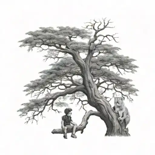 Big Tree With A Boy Sitting On The Branch And Half Face Of A Babylion In The Tree Crown