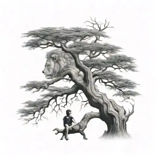 Big Tree With A Human Boy Sitting On The Branch And Half Face Of A Lion In The Tree Crown