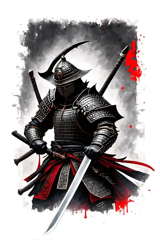Samurai Full Armor Wielding Two Swords Black And White With Little Red