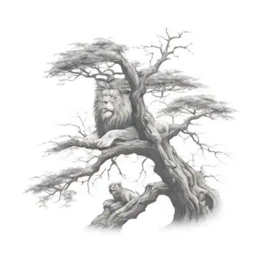 Big Tree With A Human Boy Sitting On The Branch And Half Face Of A Lion In The Tree Crown