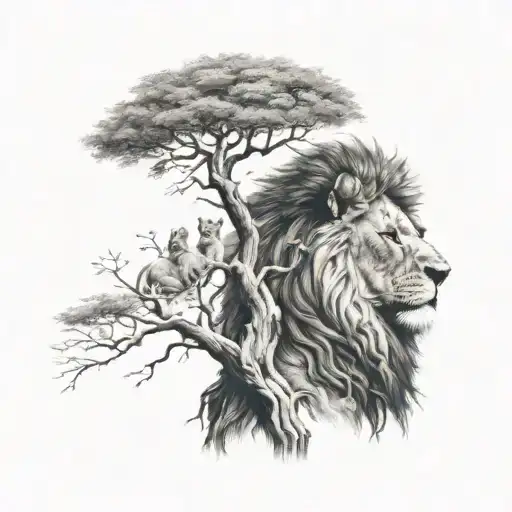 Big Tree With A Human Boy Sitting On The Branch And Half Face Of A Lion In The Tree Crown