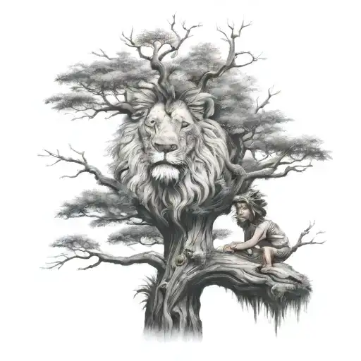 Big Tree With A Human Boy Sitting On The Branch And Half Face Of A Lion In The Tree Crown