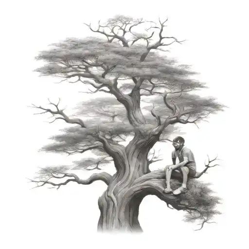 Big Tree With A Human Boy Sitting On The Branch