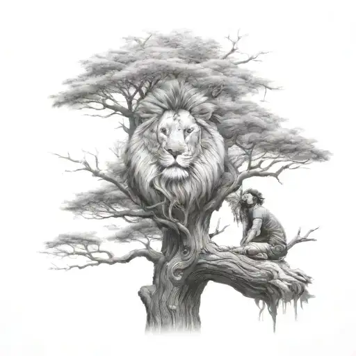 Big Tree With A Human Boy Sitting On The Branch With A Lion Face