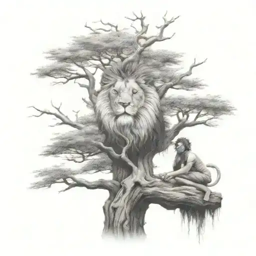 Big Tree With A Human Boy Sitting On The Branch With A Lion