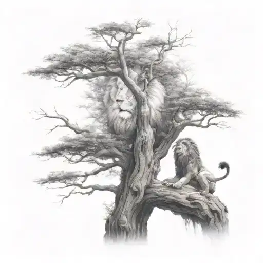 Big Tree With A Human Sitting On The Branch And A Lion In The Tree Crown