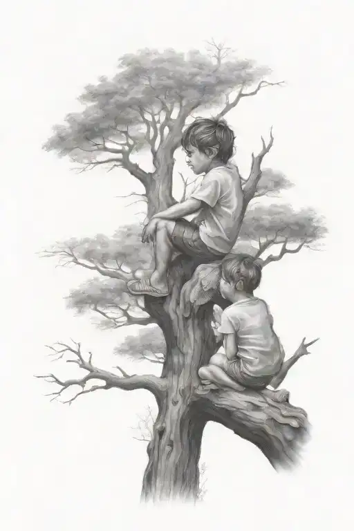 A Little Boy Sitting On Branch Of A Big Tree