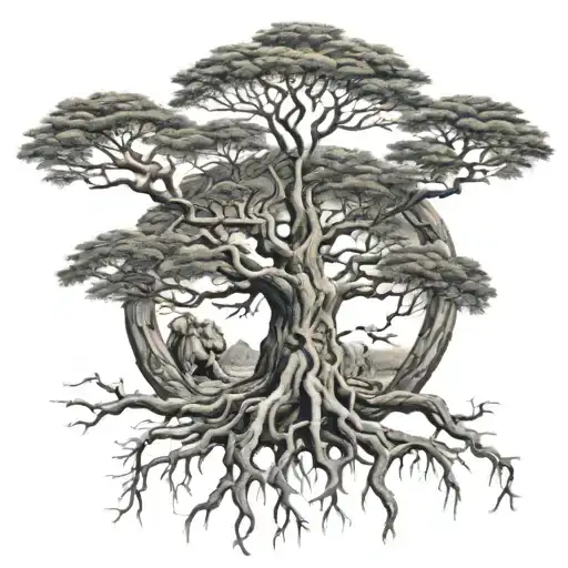 Big Normal Tree With Roots Growing And Lion Face In It