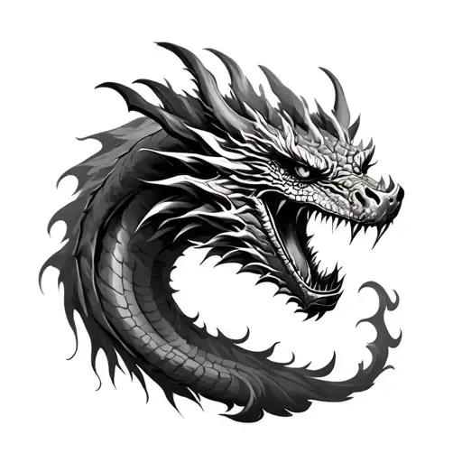 Black And White Dragon Breathing Fire Front Face