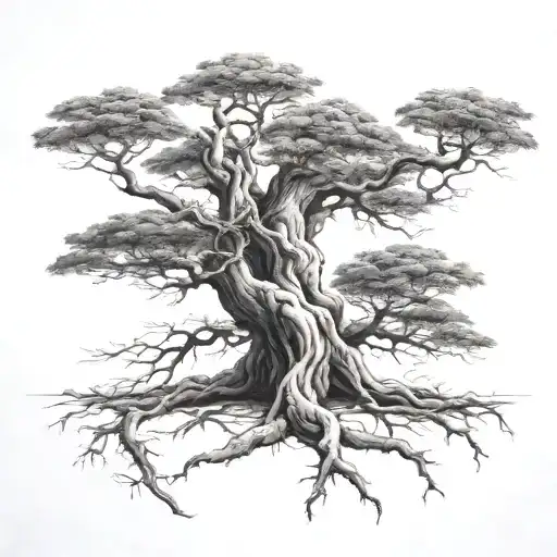 Big Normal Tree With Roots Growing And Boy Sitting On Branch