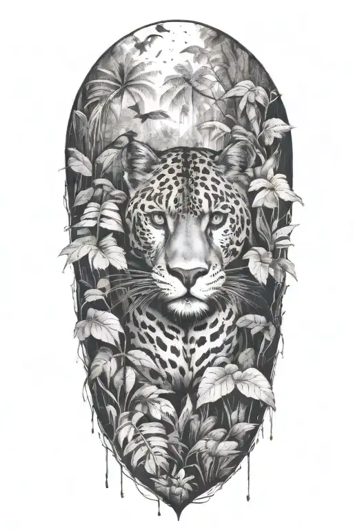 Panther Hiding In A Rainforest With Rain Falling And Birds Flying Around