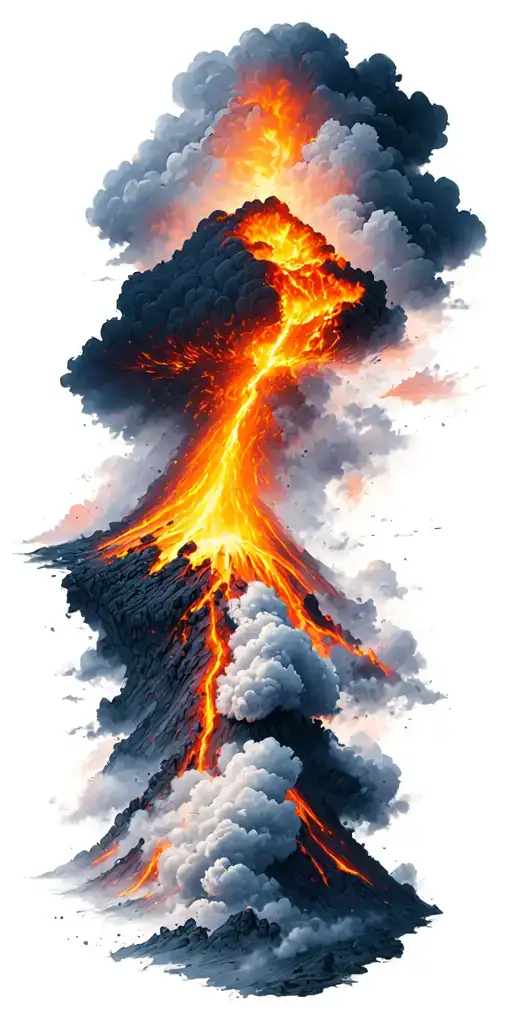 Volcano With Flowing Lava And Clouds