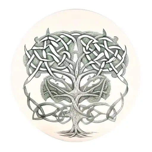 Celtic Tree Of Life With Woman Reading Against The Trunk