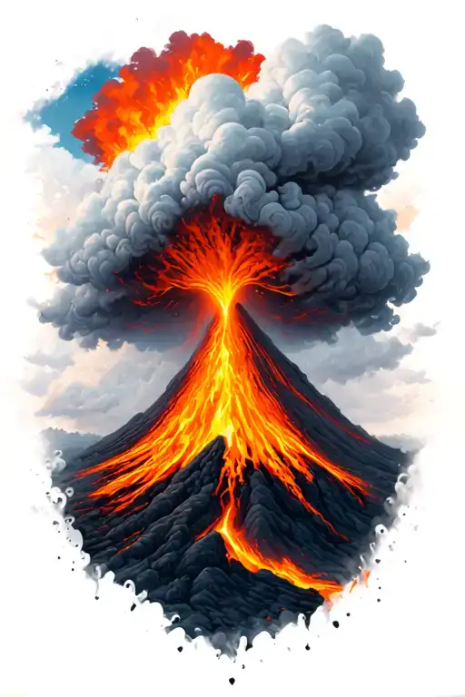 Volcano With Flowing Lava And Clouds