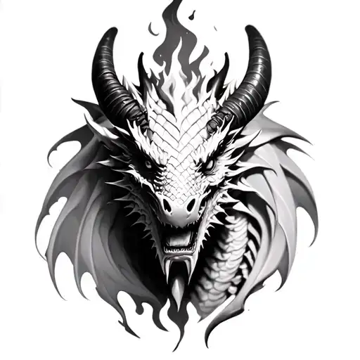 Black And White Dragon With 3D Scales And Big Horns Breathing Fire Front Face