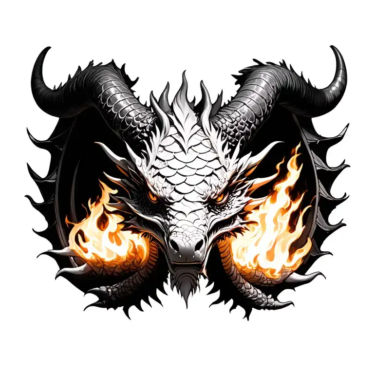 Black And White Dragon With 3D Scales And Big Horns Breathing Fire Front Face