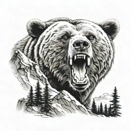 Bears Head Roaring With Mountain Background Black And White