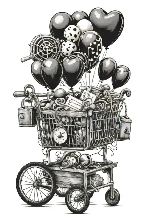 Shooping Cart And Black Baloons And A Heart And A Key And A Lock