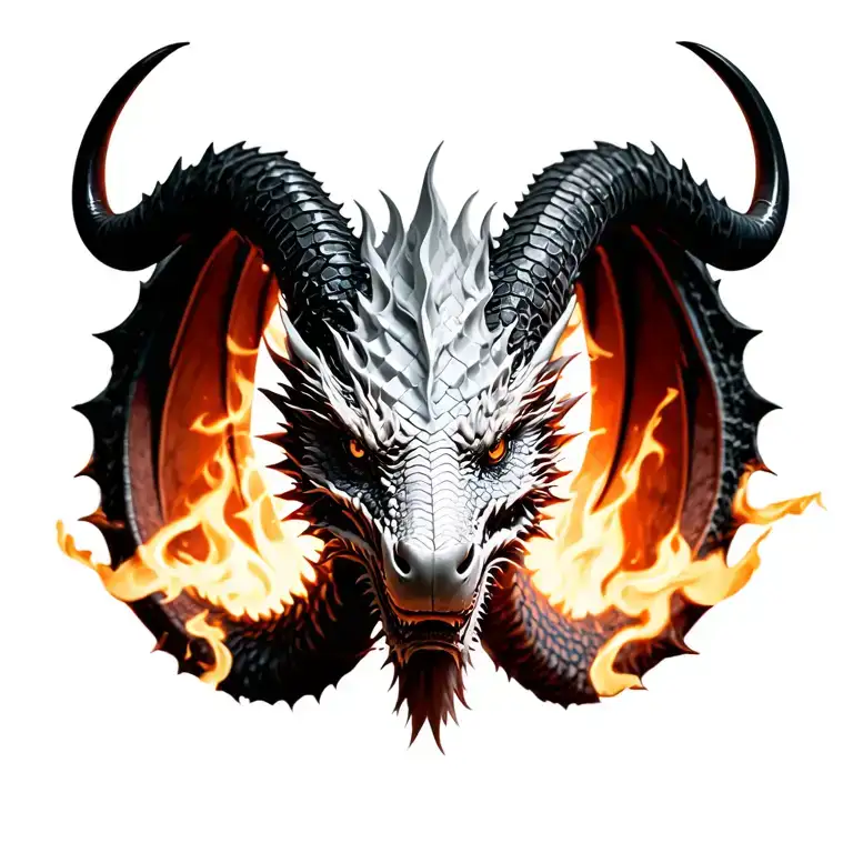 Black And White Dragon With 3D Scales And Big Horns Breathing Fire Front Face