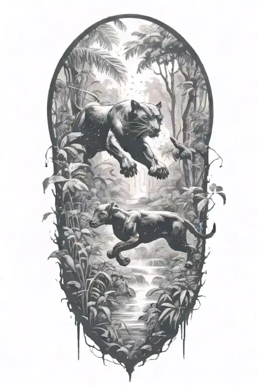 Black Panther Running At An Angle In A Rainforest With Rain Falling And Birds Flying Around