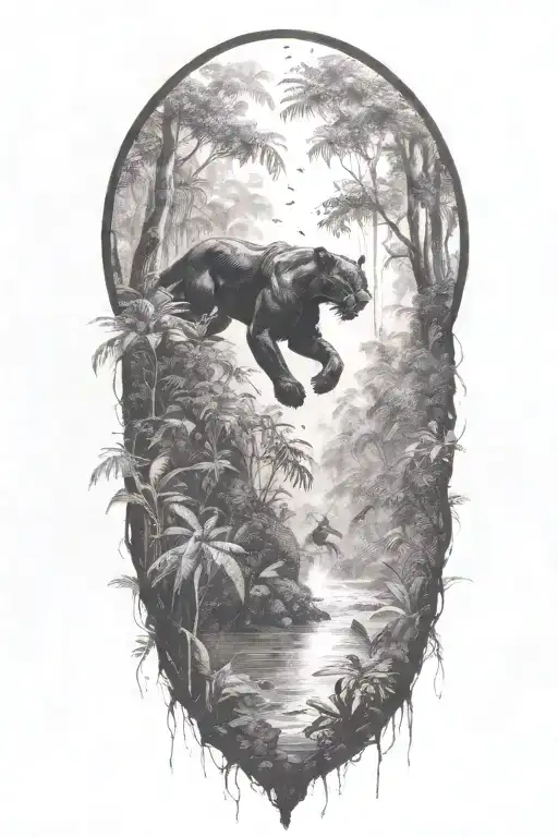 Black Panther Running At An Angle In A Rainforest With Rain Falling And Birds Flying Around