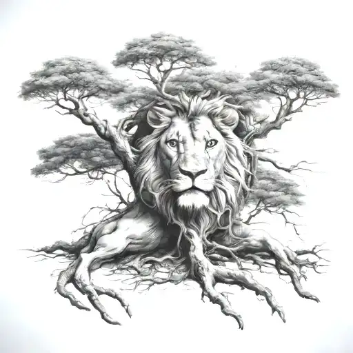 Big Normal Tree With Lion Face With Roots Growing And Little Boy Sitting On Branch