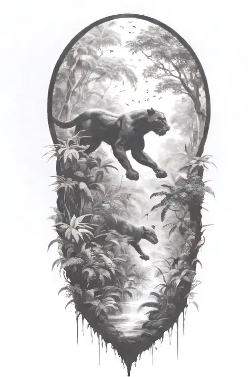 Black Panther Running At An Angle In A Rainforest With Rain Falling And Birds Flying Around