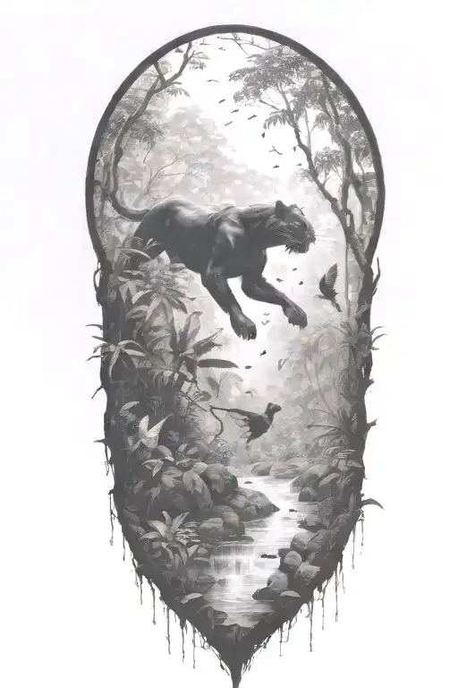 Black Panther Running At An Angle In A Rainforest With Rain Falling And Birds Flying Around