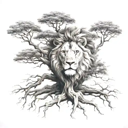 Big Normal Tree With Lion Face Look To The Right In Tree Crown