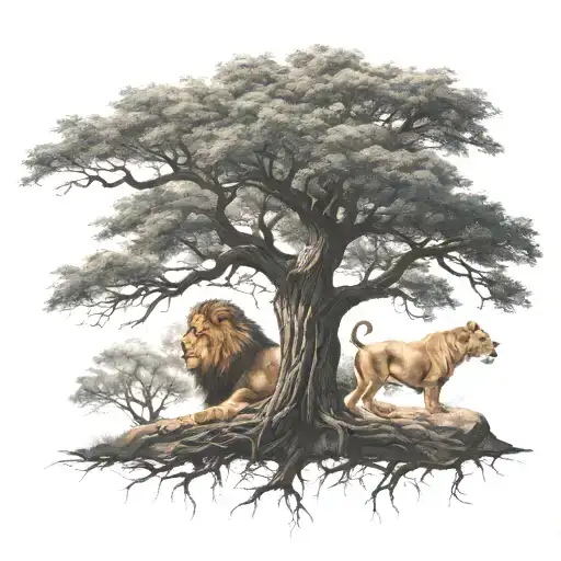 Tree And In Trreecrown Lion Face Look To The Right Side View