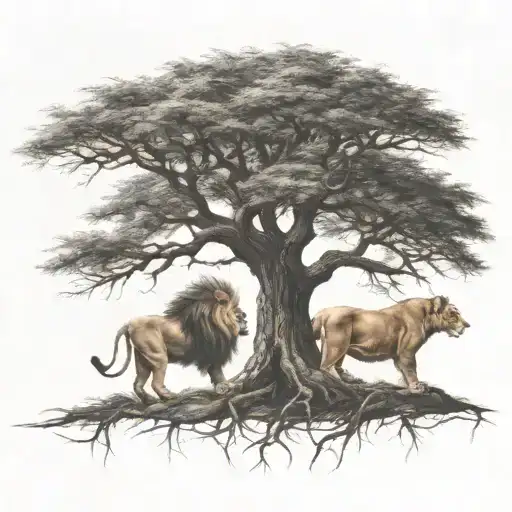 Tree And In Treecrown Is A Lion Face Look To The Right Side View