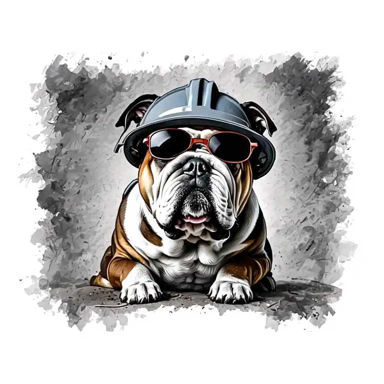 A Construction Inspector's Helmet With A Bulldog Wearing Sunglasses Sitting On Top