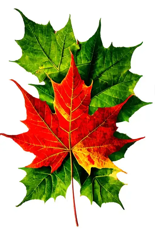 12 Green Maple Leafs Surrounding 1 Red Maple Leaf